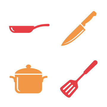 Orange and red kitchen cooking tool icons isolated on white