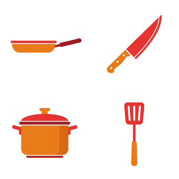 Kitchen utensils and cooking equipment flat vector icons