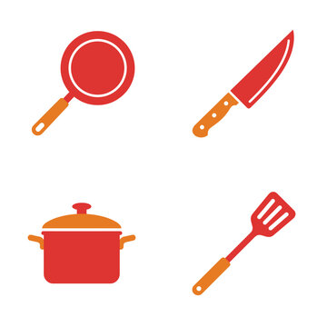 Kitchen utensils and cookware flat vector icons set
