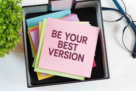 Motivational sticky note with text be your best version in a desk organizer tray