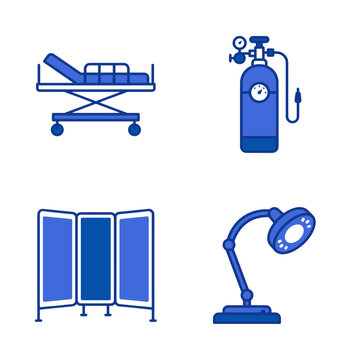 Hospital medical equipment icons set in blue