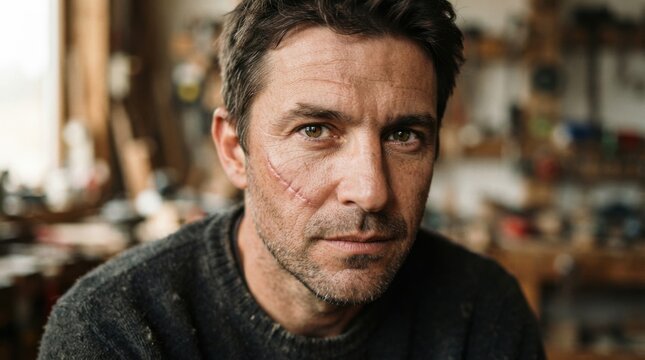 Middle-Aged Man with Facial Scar in Workshop Setting