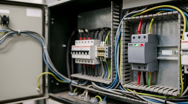 electrical control cabinet with organized wiring and circuit protection components for industrial automation power distribution engineering maintenance and facility infrastructure