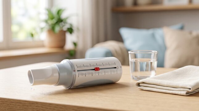Peak flow meter on a wooden table with a glass of water and towel. Respiratory health, asthma management, and lung function testing concept at home