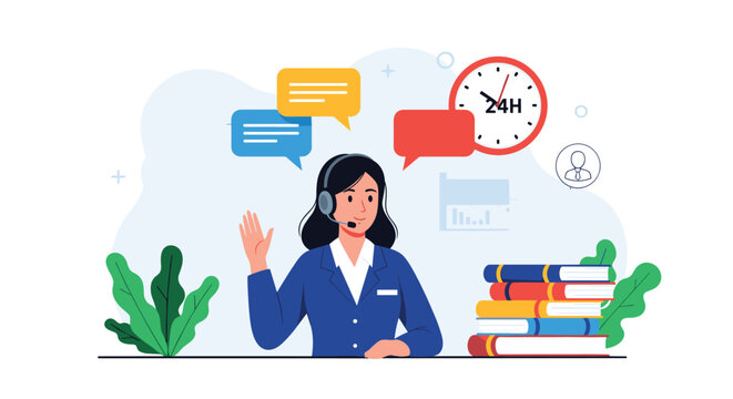 Friendly female customer service agent wearing a headset and working at her desk with a 24 hour clock icon and stack of books.