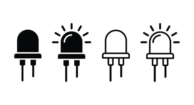Four black line art depictions of light emitting diodes showcase varying illumination styles
