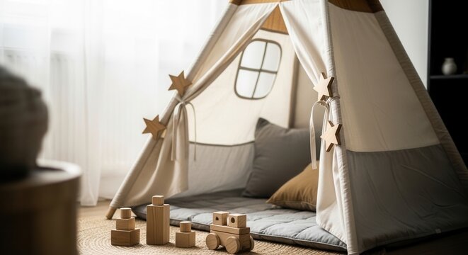 Cozy Indoor Tent Play Area With Wooden Blocks For Children