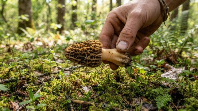 A person's hand holds a morel mushroom in a forest setting. The hand is wearing a bracelet and the mushroom is brown and beige with a textured cap. 