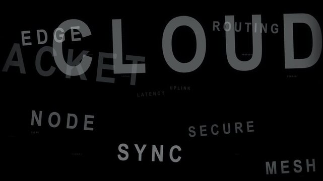Abstract kinetic typography animation featuring cloud computing and network technology keywords in a dark tunnel motion.