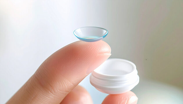 A clear contact lens rests gently on a fingertip above its storage case. This clean, minimalist macro shot evokes themes of eye health, vision, and daily care. Suitable for medical or optical use.