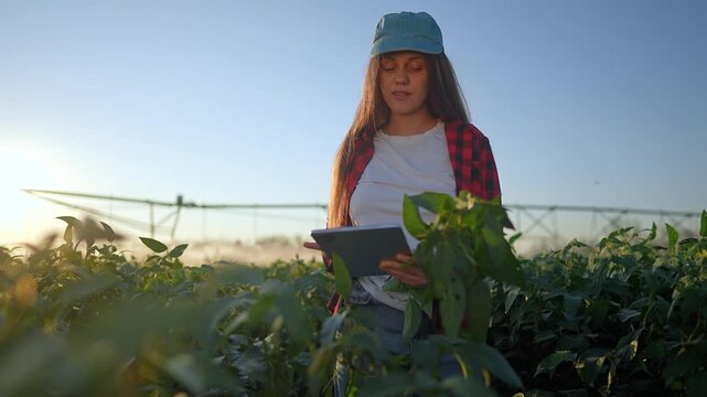 Farmer inspects soybean crop with tablet in field. Woman agronomist examines crop leaf near irrigation. Farmer monitors soybean plant growth. Agriculture worker checks field crop using digital tablet.