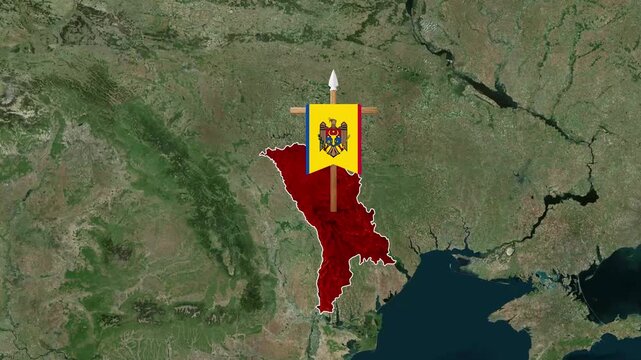 Moldova map with national flag pole animation for digital video footage