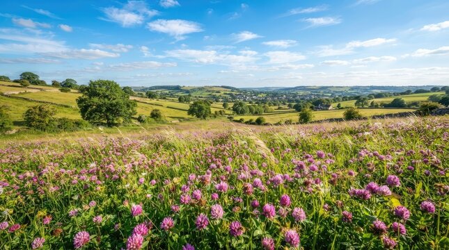 A vibrant landscape showcases rolling hills covered in a field of blooming purple clover. A clear blue sky with scattered white clouds provides a bright backdrop.
