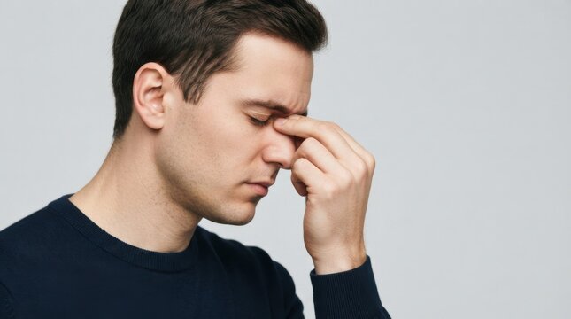 Frustrated Young Man Rubbing His Forehead in Stress