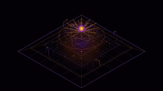 Futuristic isometric data grid with glowing orange core and purple light trails on black background.