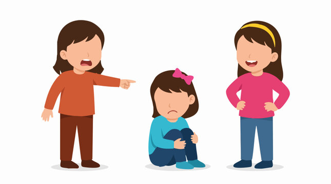 Cartoon illustration of child bullying and another child feeling sad and excluded