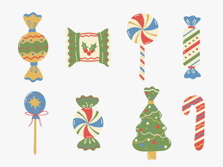 Obraz premium Cute vector Christmas candy set with lollipops, candy canes, and wrapped sweets. Vintage festive dessert illustrations isolated on light background for holiday design, stickers, and cards.