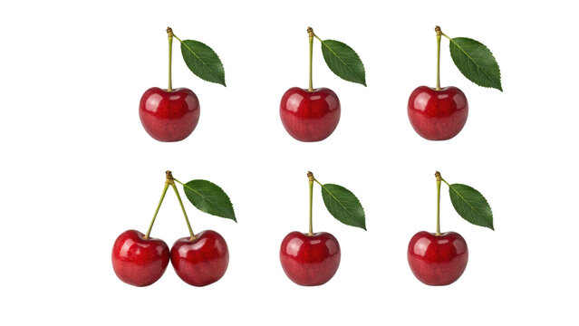Collection of fresh red cherries with green leaves arranged in a grid pattern isolated on a transparent background