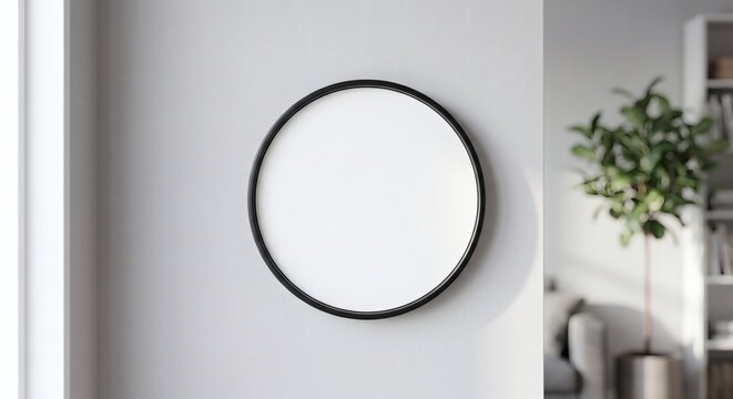 Photorealistic mockup of a blank white wall clock face in a modern room