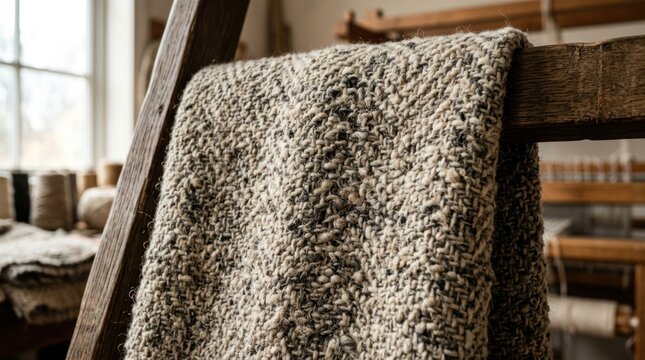 Textured woven fabric hanging on wooden rack