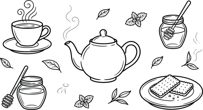 Herbal tea time line art vector set featuring teapot teacup saucer honey jars dippers mint leaves and biscuits
