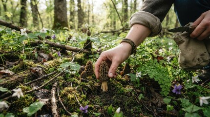 Fototapeta premium A person wearing a bracelet is carefully picking morel mushrooms from the forest floor. They are using a small knife and a burlap bag to collect the mushrooms. 