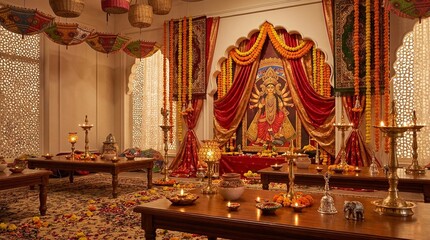 Obraz premium Durga Puja festival altar with traditional decorations and oil lamps in a decorated room