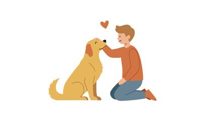 Fototapeta premium Happy young boy kneeling down to pet his affectionate golden retriever dog with a red love heart floating above them.