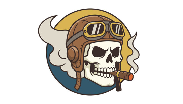 Cool retro style human skull wearing an aviator helmet and goggles while smoking a brown cigar in a round emblem.