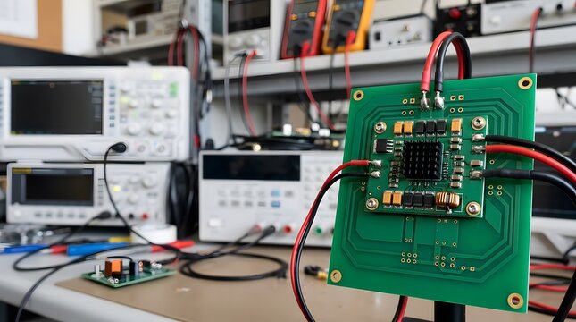 high power printed circuit board with connected electrical cables and heat sink for electronics engineering power conversion industrial technology hardware development and laboratory research
