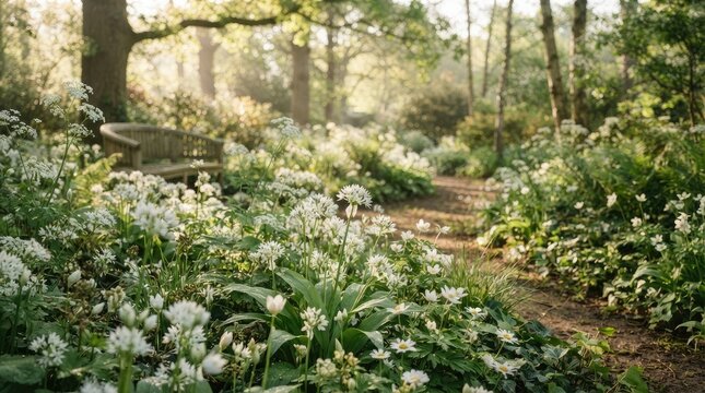 Sunlight streams through a dense forest, illuminating a weathered wooden bench nestled amongst a vibrant wildflower meadow. A winding path leads deeper 