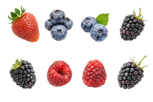 Collection of fresh ripe strawberries, blueberries, blackberries, and raspberries arranged in two rows isolated on a transparent background
