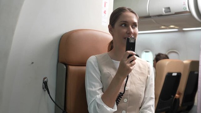  flight attendant sits in an airplane seat holding a microphone to announce the passengers on board during an international flight.
