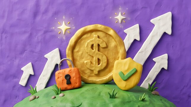 Claymation gold dollar coin, padlock, and upward arrows on green hill JPEG.