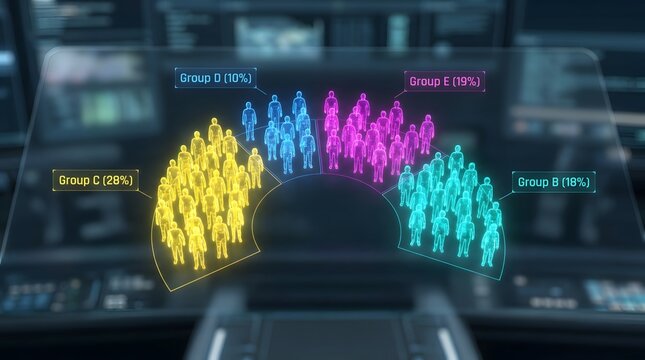 Holographic data visualization of demographic groups on digital screen JPEG.