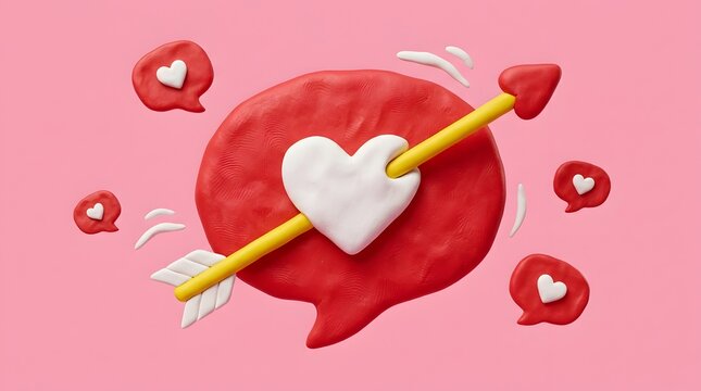Claymation style red speech bubble pierced by a yellow arrow with a white heart JPEG.
