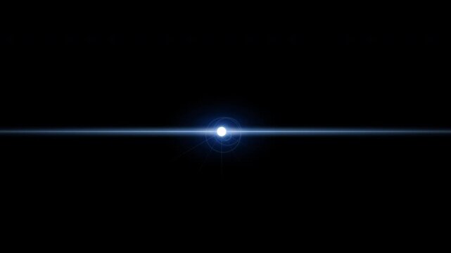 Cinematic anamorphic blue lens flare streak transition moving across a black background.