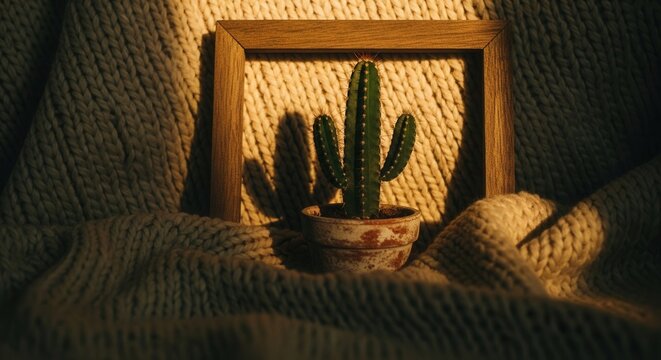Cozy Desert Plant In Wooden Frame Casting Shadow On Textured Blanket