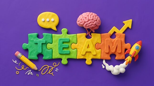Clay puzzle pieces spelling team with brain, rocket, and pencil JPEG.