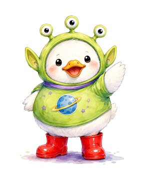 Cute Little Duckling Wearing Green Alien Costume Waving Hand Vector Illustration