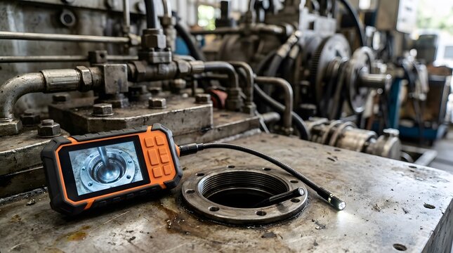 industrial inspection camera with flexible probe positioned on heavy machinery for equipment maintenance internal inspection mechanical diagnostics and predictive maintenance