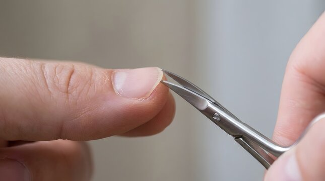 Nail scissors cutting the edge of a fingernail in a close-up shot of hand hygiene.