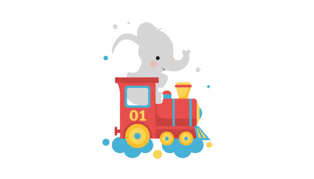 Cute baby elephant sitting happily on a red toy steam locomotive train floating on fluffy blue sky clouds.