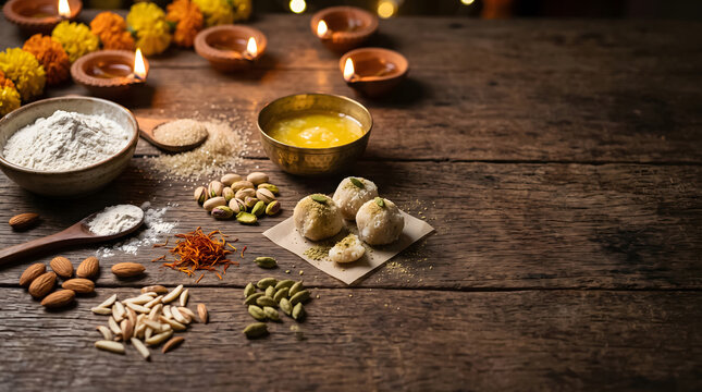 Scattered Diwali dessert ingredients and unfinished sweets on a rustic wooden table.