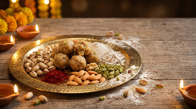 Rustic brass plate with Diwali sweet ingredients and partially prepared homemade laddoos.
