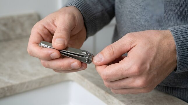 Man in a grey sweater trimming his fingernails with a metal clipper in a modern bathroom.