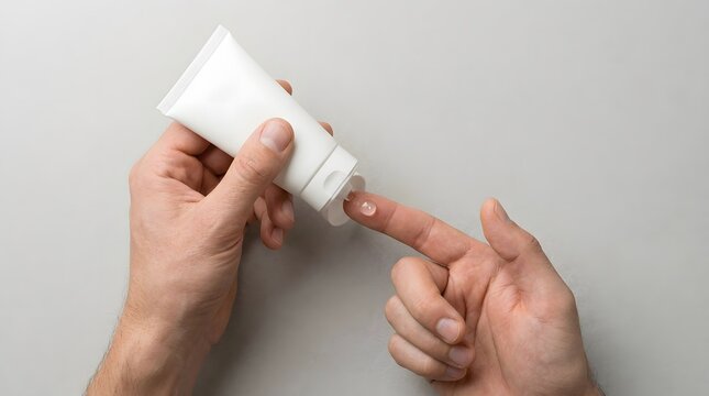 Hands squeezing a small dab of white cosmetic cream from a blank tube onto a finger.