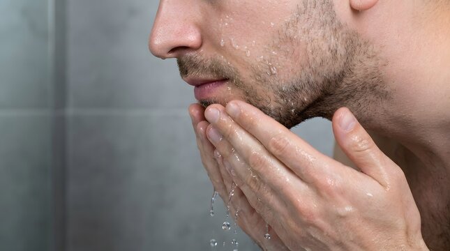 Young man uses his hands to wash his face with water during a morning hygiene routine.