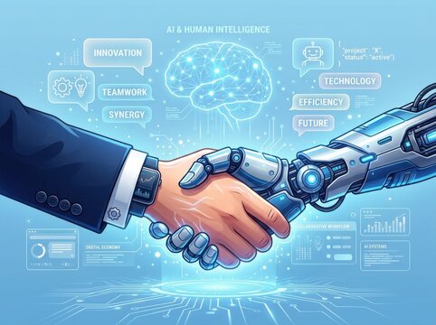 Business man shaking hands with a robot arm representing artificial intelligence