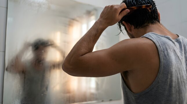 Man combs his wet hair while looking at his reflection in a foggy bathroom mirror.